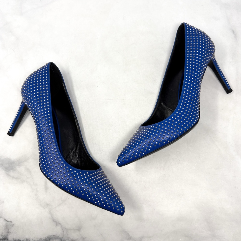 Saint Laurent Paris 80 Studded Leather Pointed Toe Stiletto Heel Pumps Blue 38 - Picture 4 of 14